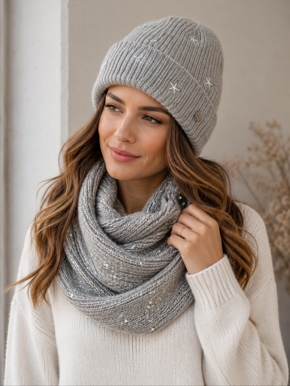 Bench Embroidered Star Knit Beanie & Sequin Infinity Scarf Set One Size